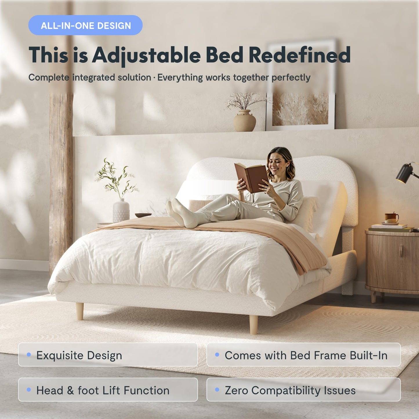 FLEXISPOT Queen All-in-One Adjustable Bed with Fluffy Boucle Bed Frame, Soft Cloud Bed with Head & Foot Incline, Adjustable Headboard, Thick Foam Padding, 10-Year Warranty, Easy Assembly, White