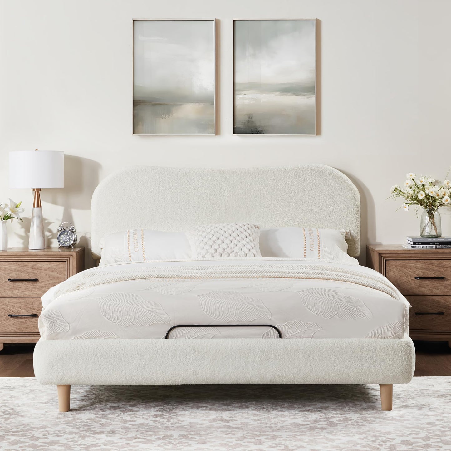 FLEXISPOT Queen All-in-One Adjustable Bed with Fluffy Boucle Bed Frame, Soft Cloud Bed with Head & Foot Incline, Adjustable Headboard, Thick Foam Padding, 10-Year Warranty, Easy Assembly, White
