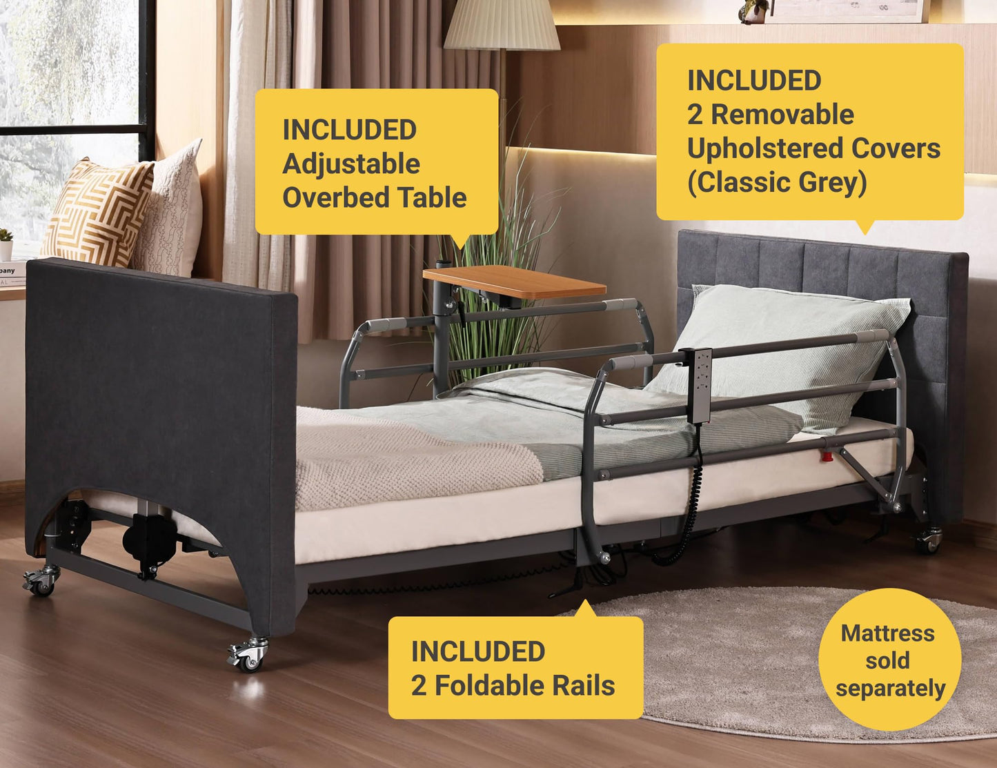 ARMONYO Hospital Bed with 5 Electric Functions – Advanced German Technology Medical Bed for Home Use – Overbed Table & Rails Included – Adjustable Height 8.5”-25”