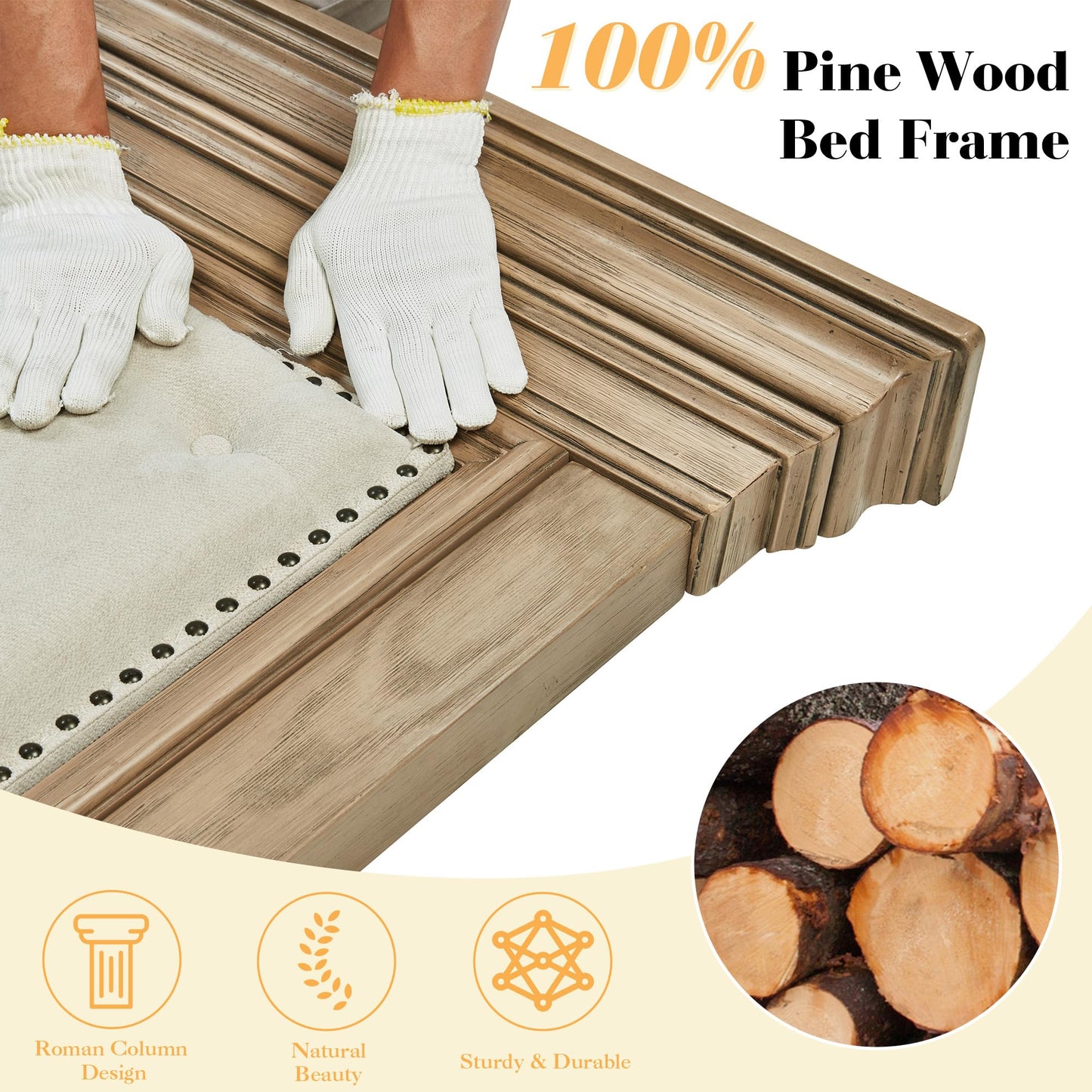 LUXOAK Solid Pine Wood King Bed Frame with 69" High Upholstered Headboard, Transitional Style Platform Bed, No Box Spring Needed & Easy Assembly, Button-Tufted Chenille Fabric, Antique Taupe