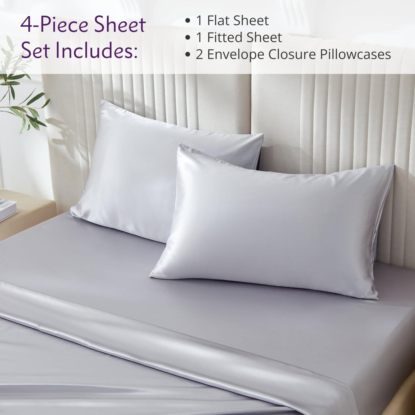 Mulberry Park Silks - 22 Momme 100% Mulberry Silk Sheets - King Size Bed Set - 16" Pocket - Luxurious Bed Sheets & Pillowcases, Skin-Friendly & Breathable - Charmeuse Silk for Hair Care - Silver