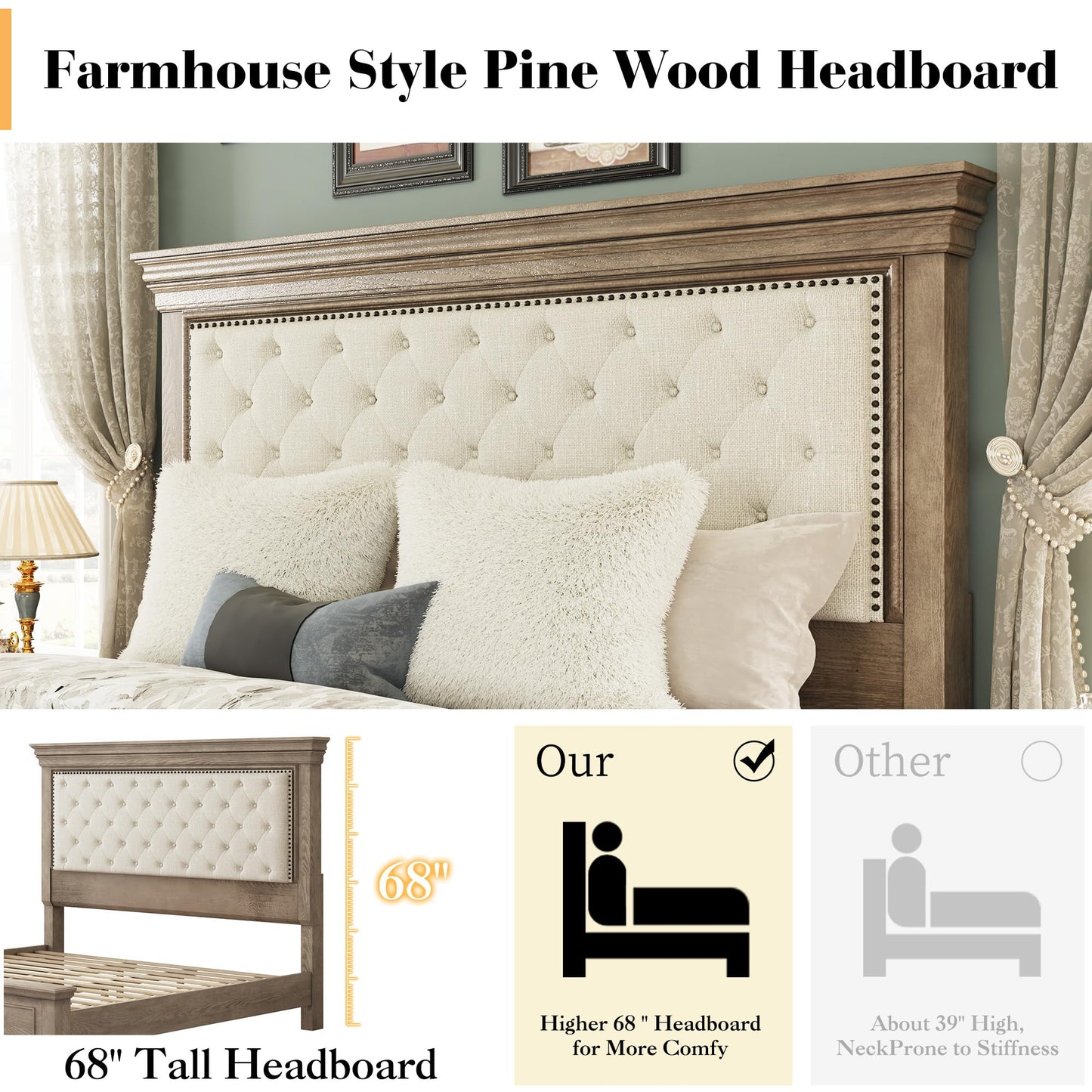 LUXOAK Solid Pine Wood King Bed Frame with 69" High Upholstered Headboard, Transitional Style Platform Bed, No Box Spring Needed & Easy Assembly, Button-Tufted Chenille Fabric, Antique Taupe