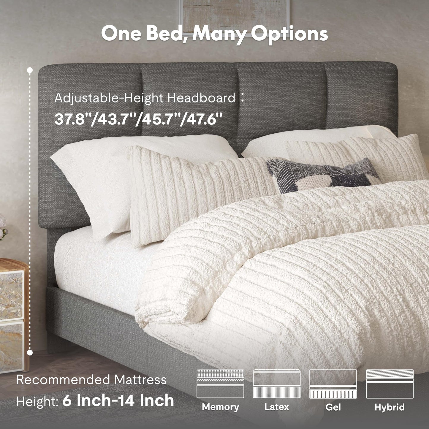 FLEXISPOT All-in-One Adjustable Bed Frame with Upholstered Square Tufted Headboard, Queen–Modern Minimalist Design–Synchronized Head&Foot Lift for Relaxation–5Y Motor&10Y Frame Warranty,Dark Grey