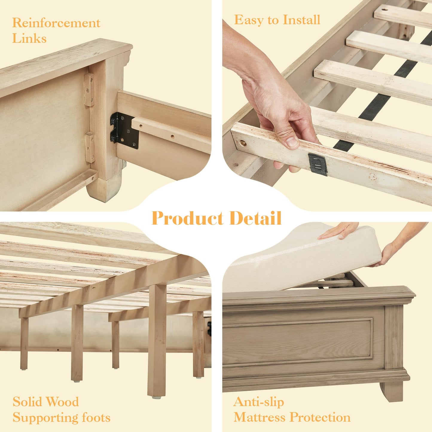 LUXOAK Solid Pine Wood King Bed Frame with 69" High Upholstered Headboard, Transitional Style Platform Bed, No Box Spring Needed & Easy Assembly, Button-Tufted Chenille Fabric, Antique Taupe