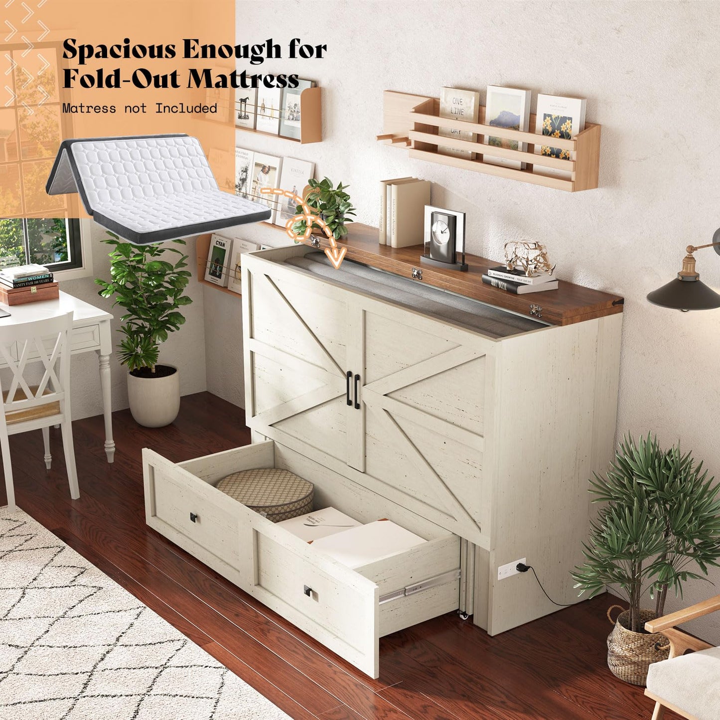 AMERLIFE Queen Murphy Bed with Storage & Charging Station, Farmhouse Murphy Cabinet with Foldable Panel, Noisy Free, for Guest Bedroom, Living Room, Office, Distressed White