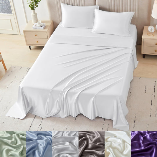 Mulberry Park Silks - 22 Momme 100% Mulberry Silk Sheets - Queen Size Bed Set - 16" Pocket - Luxurious Bed Sheets & Pillowcases, Skin-Friendly & Breathable - Charmeuse Silk for Hair Care - White