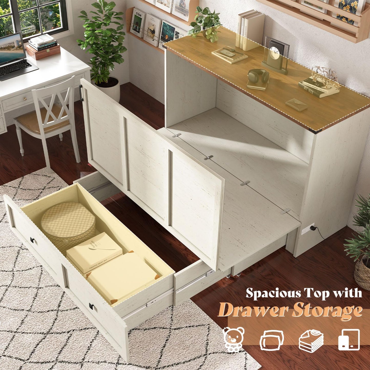 AMERLIFE Queen Murphy Bed with Storage & Charging Station, Farmhouse Murphy Cabinet with Foldable Panel, Noisy Free, for Guest Bedroom, Living Room, Office, Distressed White