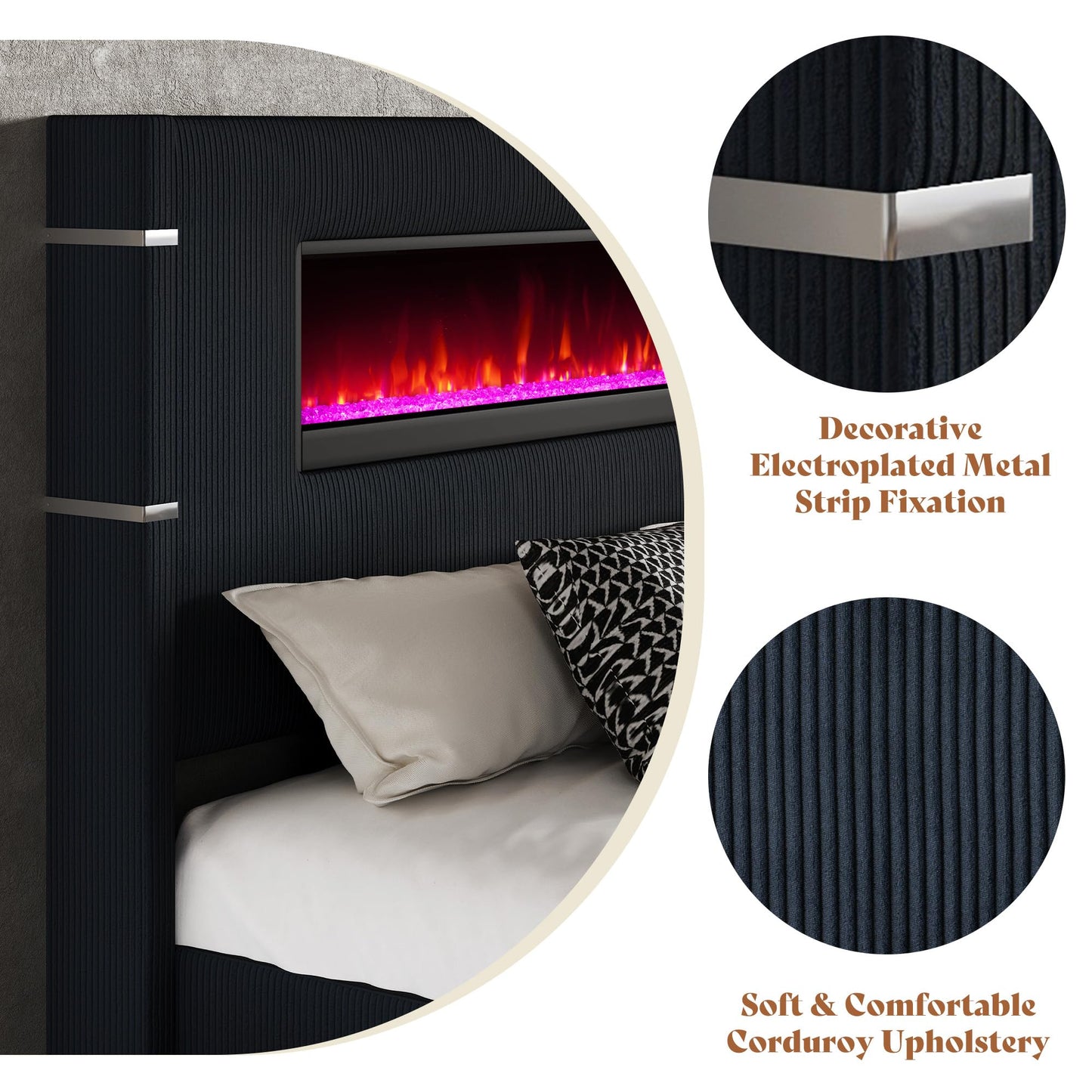 AMERLIFE Modern King Size Bed Frame with Fireplace, Wingback Platform Bed Frame with 60.4“ Extra Tall Headboard, Corduroy Upholstered Bed Frame Wooden Slats/No Box Spring Needed, Black
