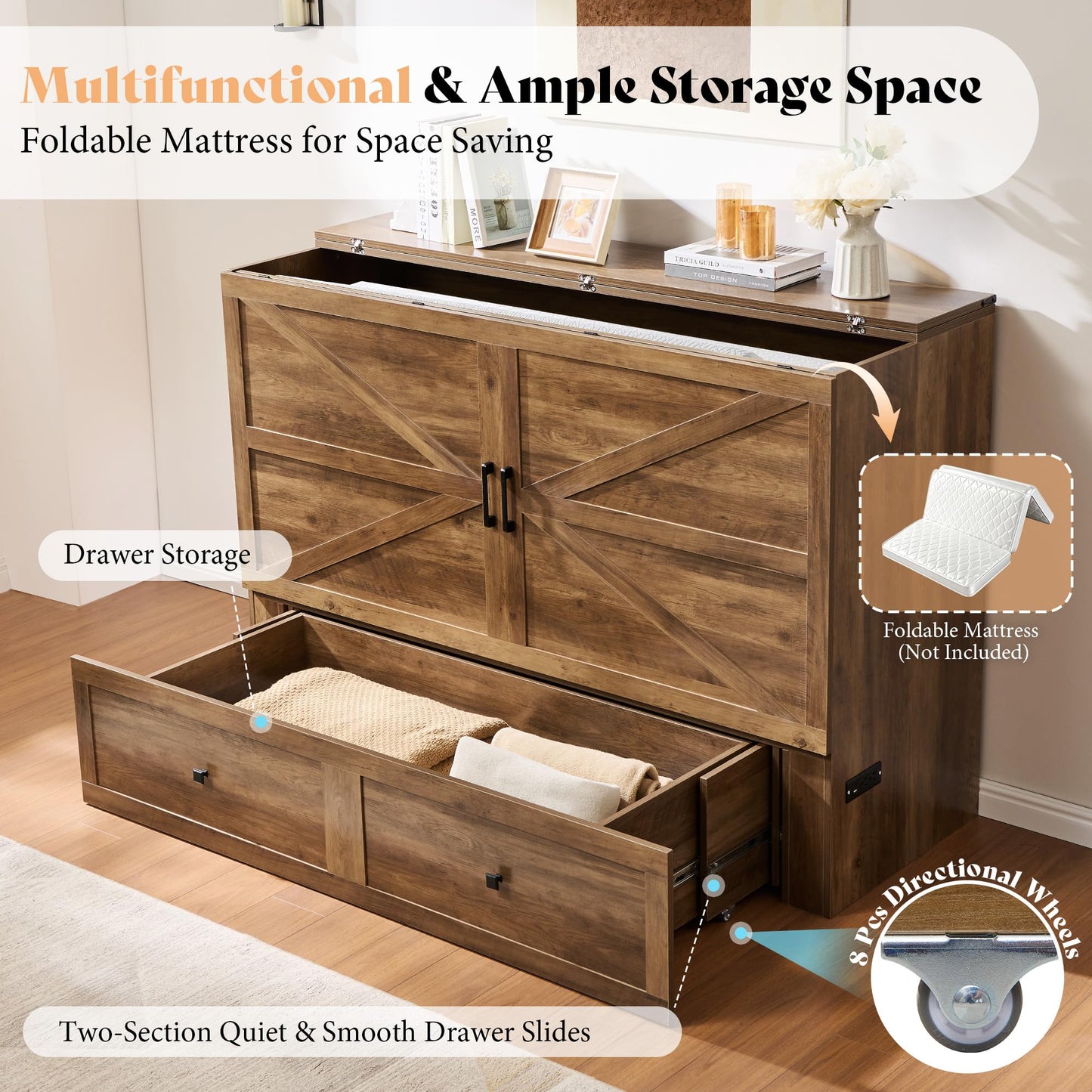 AMERLIFE Queen Murphy Bed Cabinet with Charging Station and Storage, Farmhouse Foldable Platform Bed for Guest Room, Office, Small Spaces, Barnwood