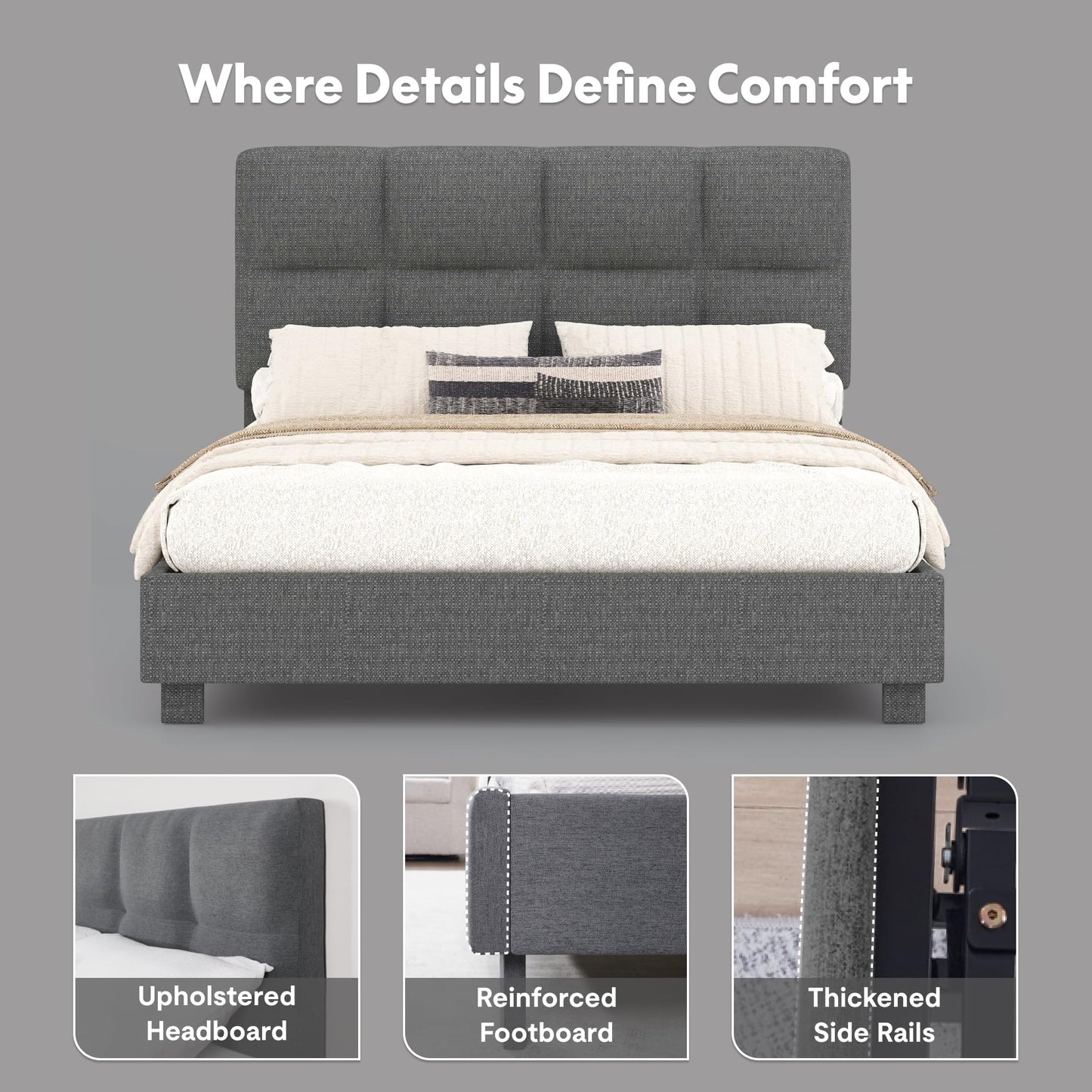 FLEXISPOT All-in-One Adjustable Bed Frame with Upholstered Square Tufted Headboard, Queen–Modern Minimalist Design–Synchronized Head&Foot Lift for Relaxation–5Y Motor&10Y Frame Warranty,Dark Grey