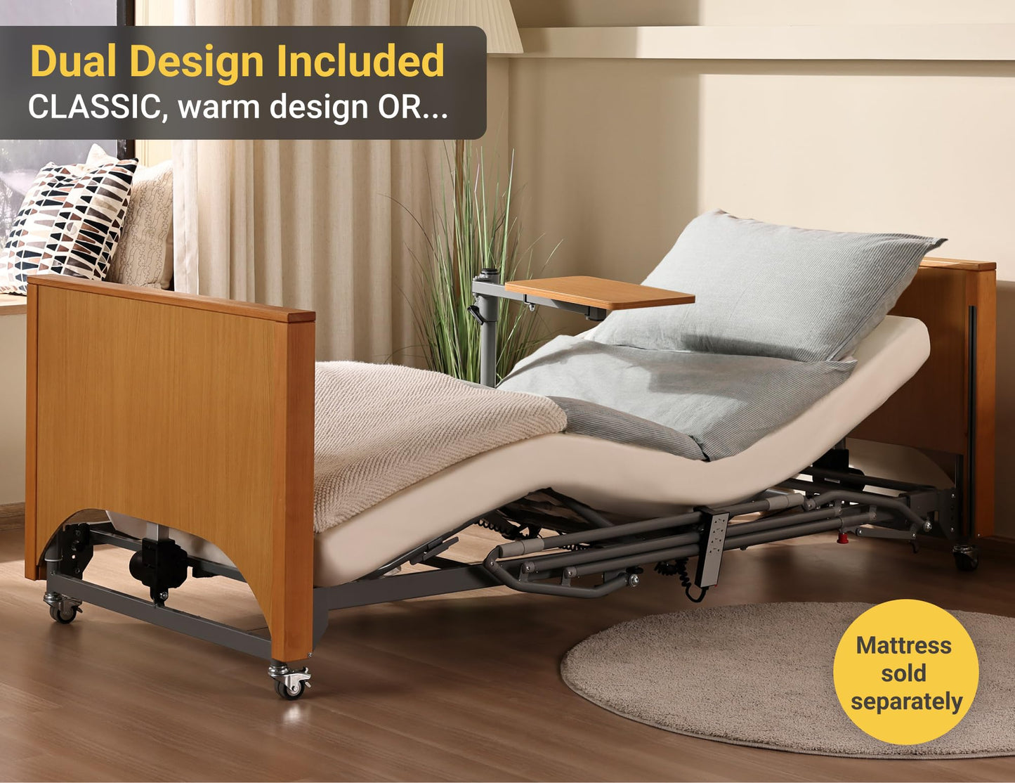 ARMONYO Hospital Bed with 5 Electric Functions – Advanced German Technology Medical Bed for Home Use – Overbed Table & Rails Included – Adjustable Height 8.5”-25”