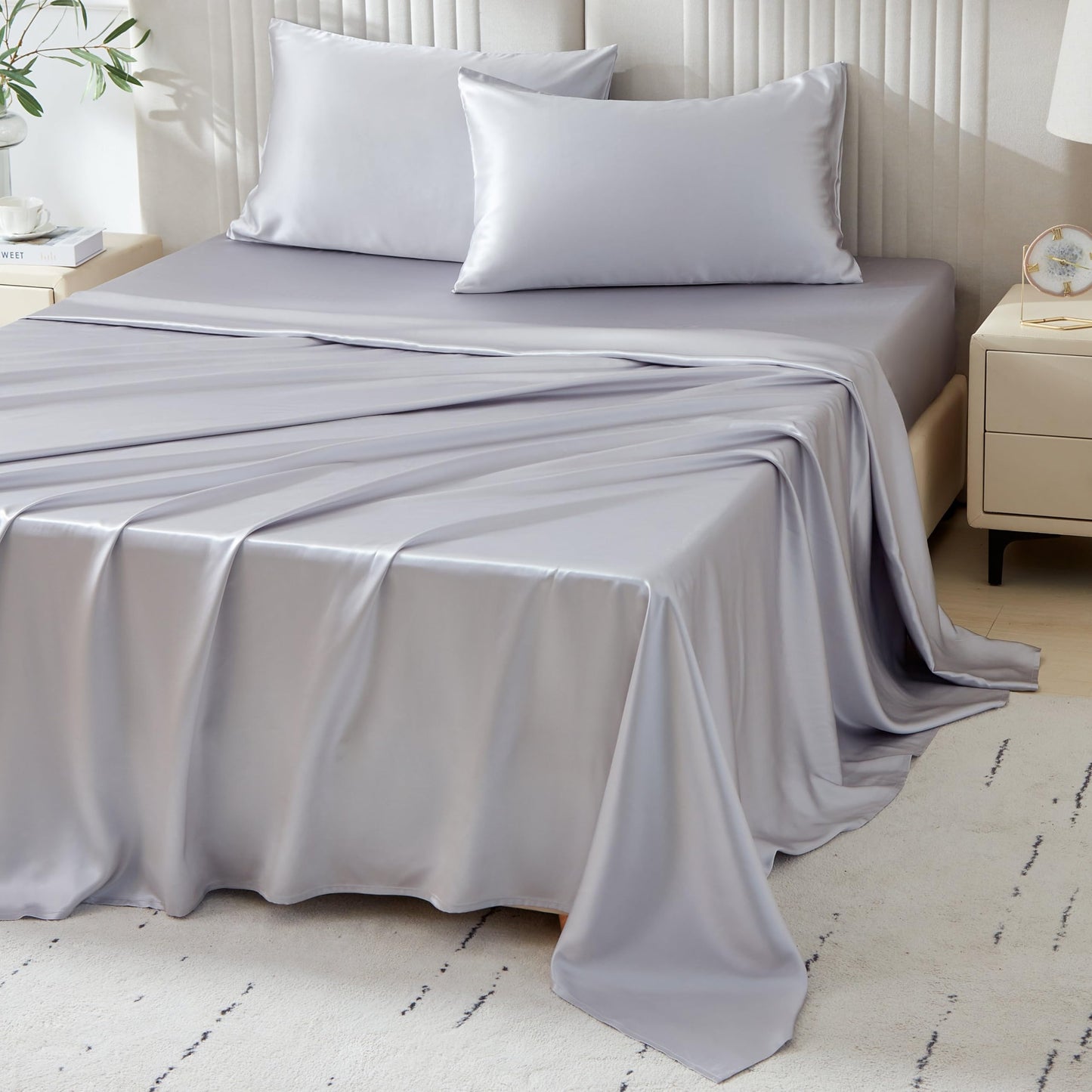 Mulberry Park Silks - 22 Momme 100% Mulberry Silk Sheets - King Size Bed Set - 16" Pocket - Luxurious Bed Sheets & Pillowcases, Skin-Friendly & Breathable - Charmeuse Silk for Hair Care - Silver