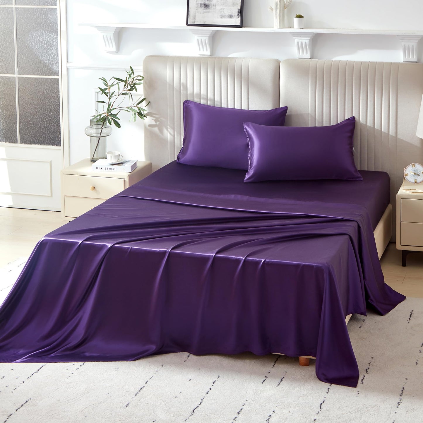 Mulberry Park Silks - 22 Momme 100% Mulberry Silk Sheets - Queen Size Bed Set - 16" Pocket - Luxurious Bed Sheets & Pillowcases, Skin-Friendly & Breathable - Charmeuse Silk for Hair Care - Plum