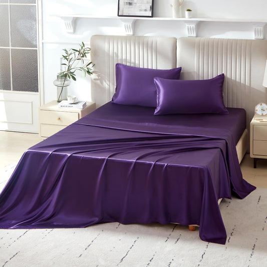 Mulberry Park Silks - 22 Momme 100% Mulberry Silk Sheets - Queen Size Bed Set - 16" Pocket - Luxurious Bed Sheets & Pillowcases, Skin-Friendly & Breathable - Charmeuse Silk for Hair Care - Plum