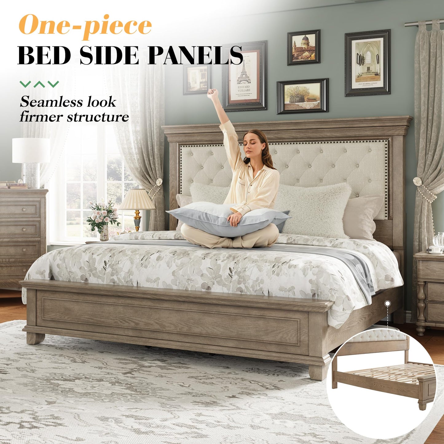 LUXOAK Solid Pine Wood King Bed Frame with 69" High Upholstered Headboard, Transitional Style Platform Bed, No Box Spring Needed & Easy Assembly, Button-Tufted Chenille Fabric, Antique Taupe