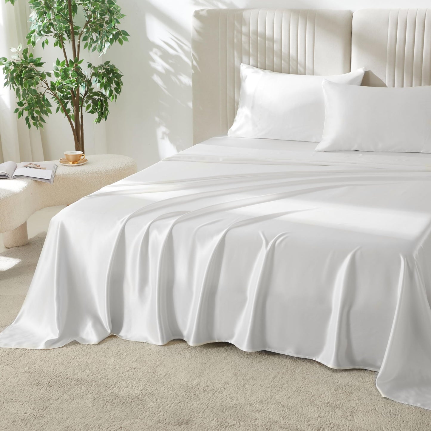 Mulberry Park Silks - 22 Momme 100% Mulberry Silk Sheets - Queen Size Bed Set - 16" Pocket - Luxurious Bed Sheets & Pillowcases, Skin-Friendly & Breathable - Charmeuse Silk for Hair Care - White