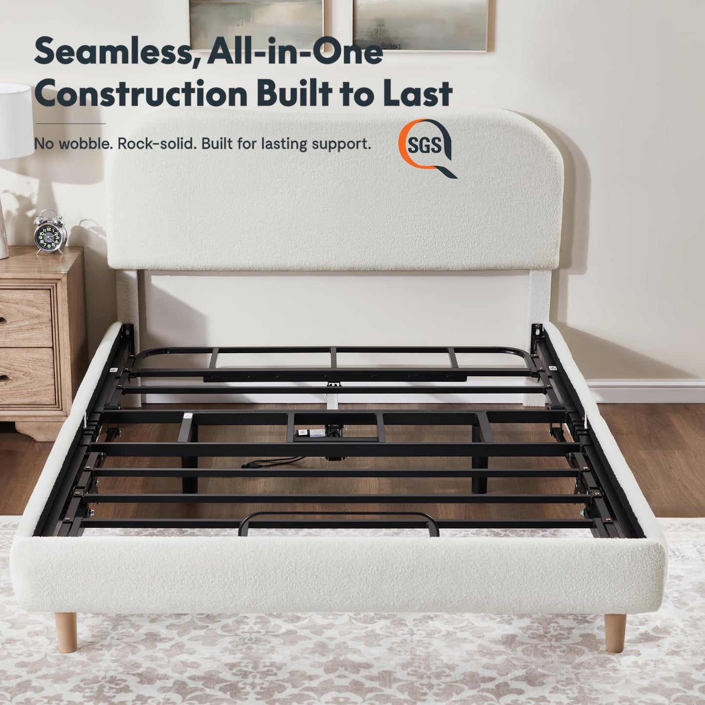 FLEXISPOT Queen All-in-One Adjustable Bed with Fluffy Boucle Bed Frame, Soft Cloud Bed with Head & Foot Incline, Adjustable Headboard, Thick Foam Padding, 10-Year Warranty, Easy Assembly, White