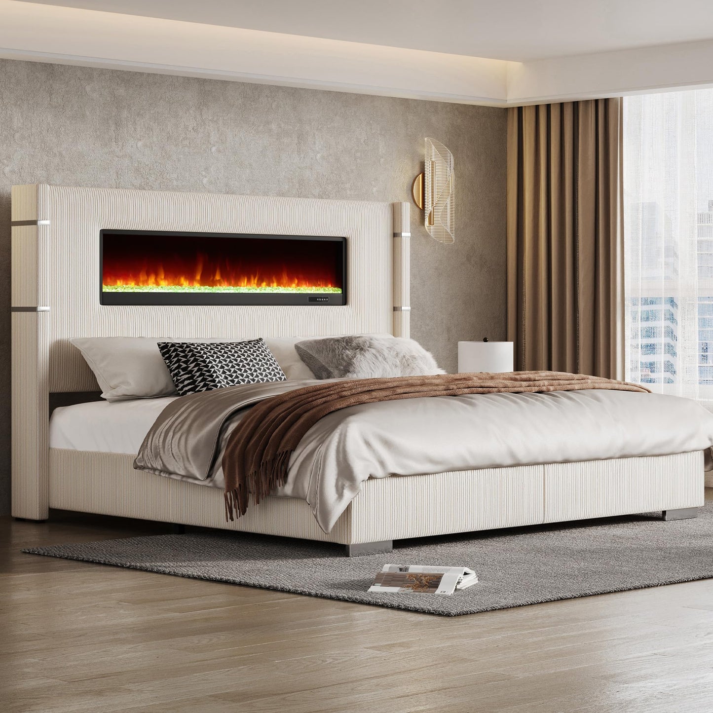 AMERLIFE Modern King Size Bed Frame with Fireplace, Wingback Platform Bed Frame with 60.4“ Extra Tall Headboard, Corduroy Upholstered Bed Frame Wooden Slats/No Box Spring Needed, Beige