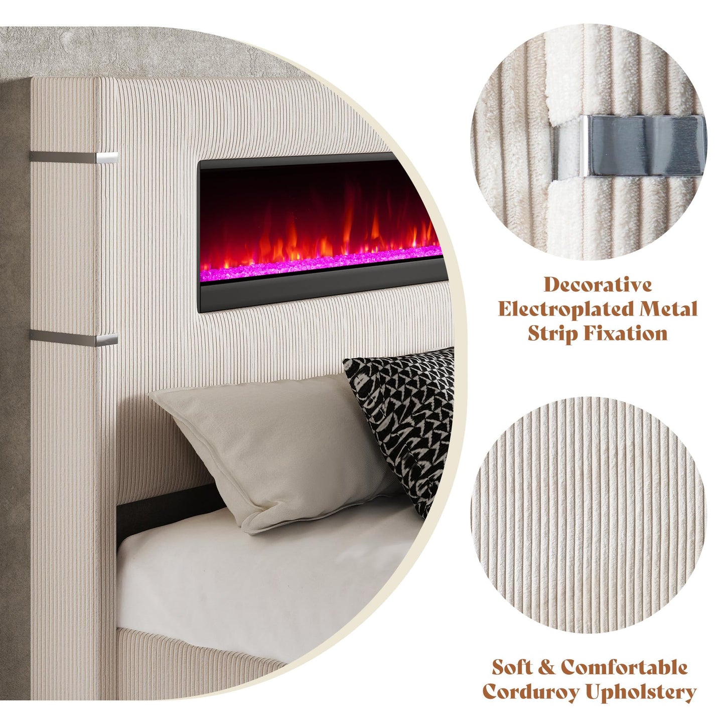 AMERLIFE Modern King Size Bed Frame with Fireplace, Wingback Platform Bed Frame with 60.4“ Extra Tall Headboard, Corduroy Upholstered Bed Frame Wooden Slats/No Box Spring Needed, Beige