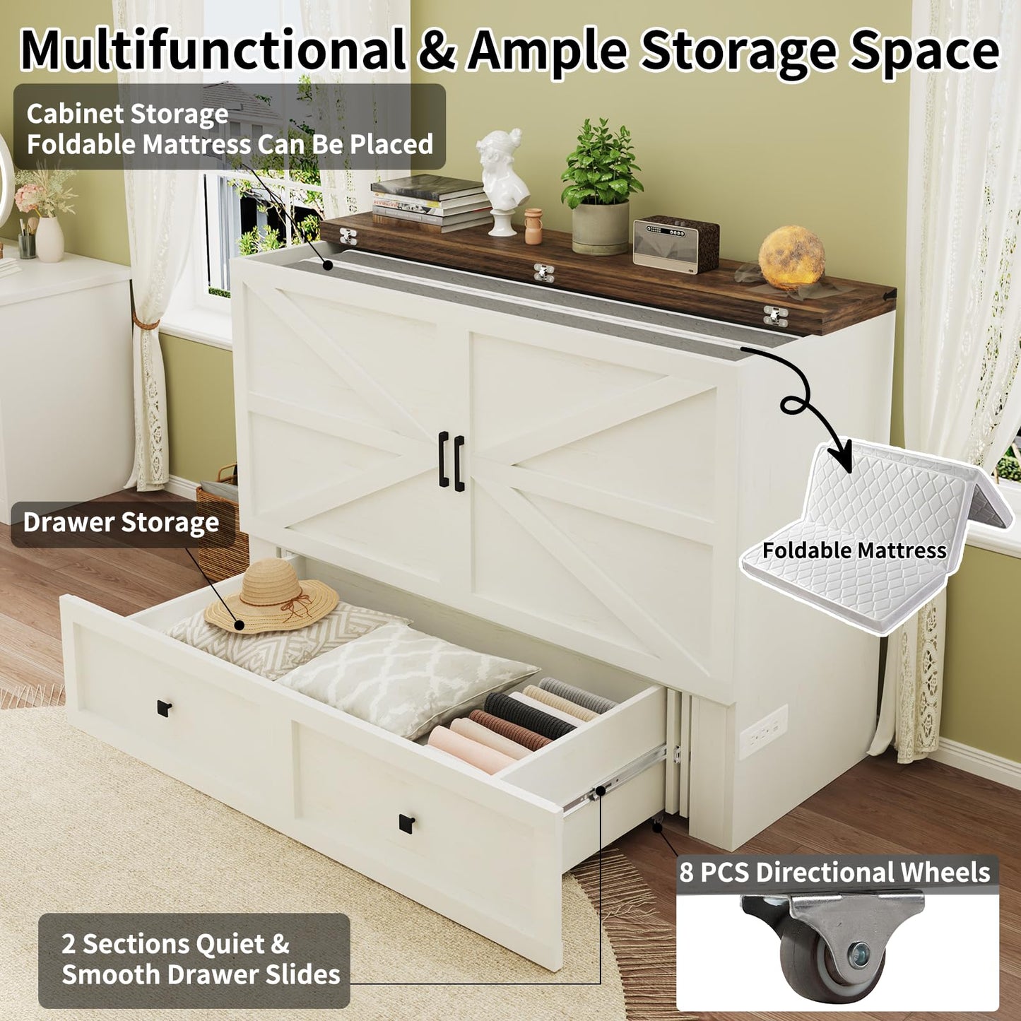 LUXOAK Murphy Bed with Charging Station, Queen Size Cabinet Bed with Large Storage Drawer for Home Office or Small Room, Hideaway Full Foldable Platform Bed, White