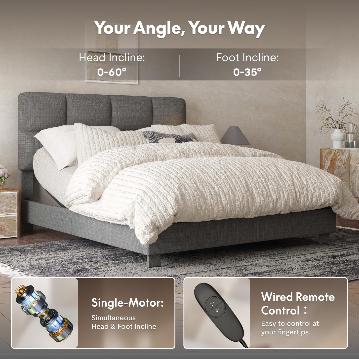 FLEXISPOT All-in-One Adjustable Bed Frame with Upholstered Square Tufted Headboard, Queen–Modern Minimalist Design–Synchronized Head&Foot Lift for Relaxation–5Y Motor&10Y Frame Warranty,Dark Grey