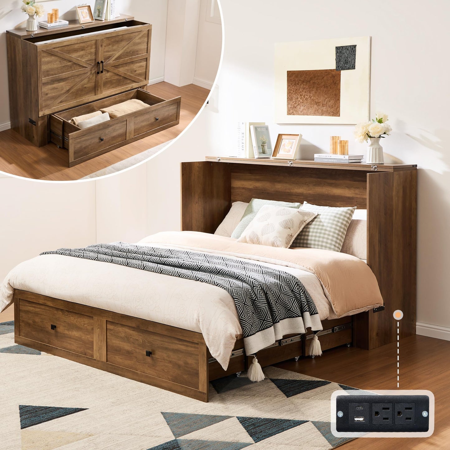 AMERLIFE Queen Murphy Bed Cabinet with Charging Station and Storage, Farmhouse Foldable Platform Bed for Guest Room, Office, Small Spaces, Barnwood