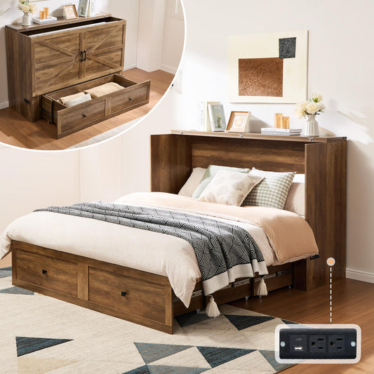 AMERLIFE Queen Murphy Bed Cabinet with Charging Station and Storage, Farmhouse Foldable Platform Bed for Guest Room, Office, Small Spaces, Barnwood