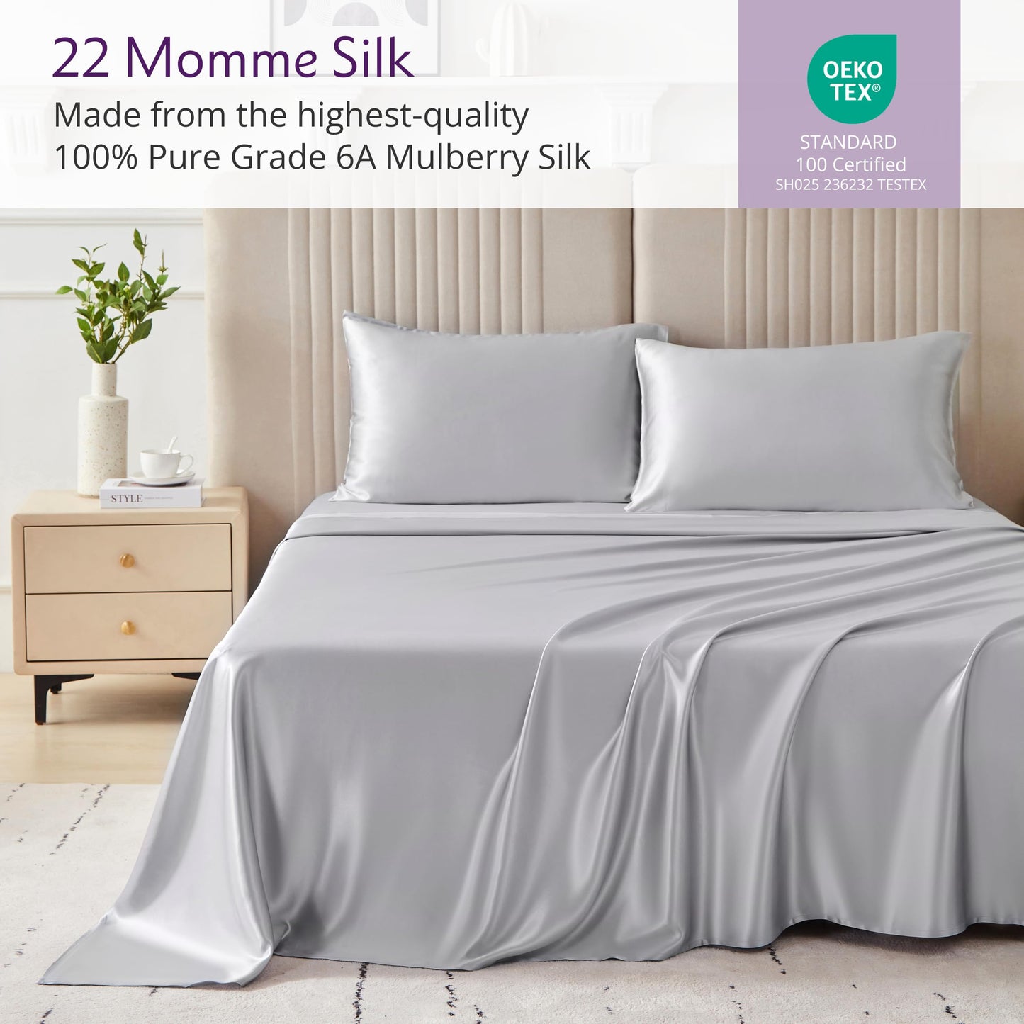 Mulberry Park Silks - 22 Momme 100% Mulberry Silk Sheets - King Size Bed Set - 16" Pocket - Luxurious Bed Sheets & Pillowcases, Skin-Friendly & Breathable - Charmeuse Silk for Hair Care - Silver