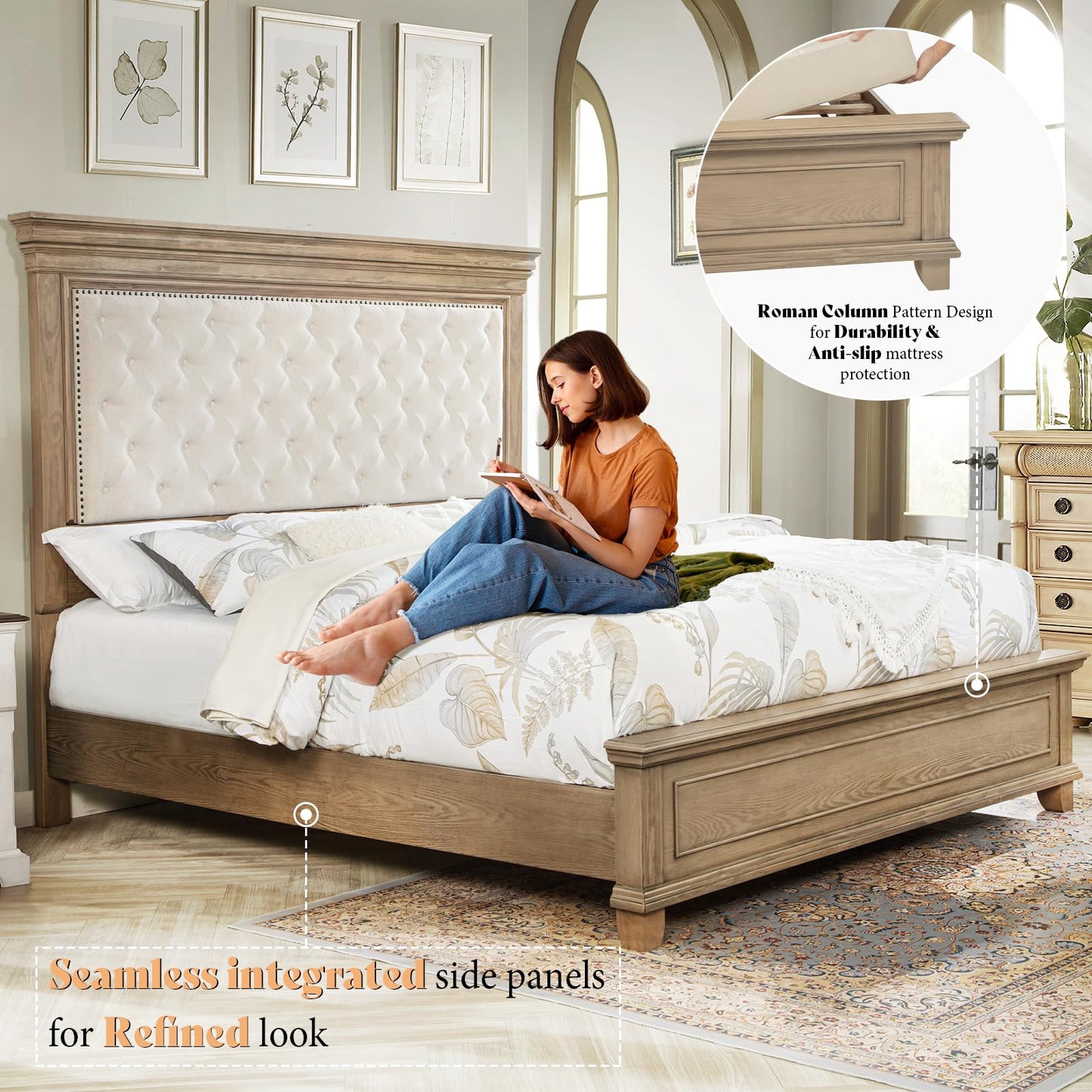 AMERLIFE 68.1" H King Size Bed Frame with Upholstered Headboard, Solid Wood Farmhouse Platform Bed, Architectural Design, No Box Spring Needed, Light Oak