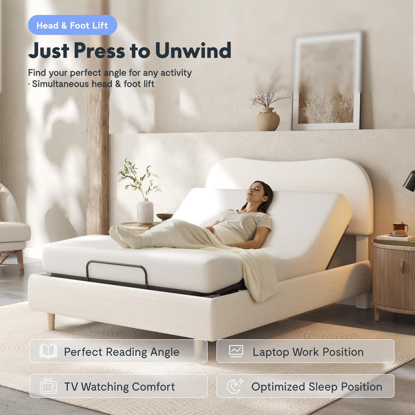 FLEXISPOT Queen All-in-One Adjustable Bed with Fluffy Boucle Bed Frame, Soft Cloud Bed with Head & Foot Incline, Adjustable Headboard, Thick Foam Padding, 10-Year Warranty, Easy Assembly, White