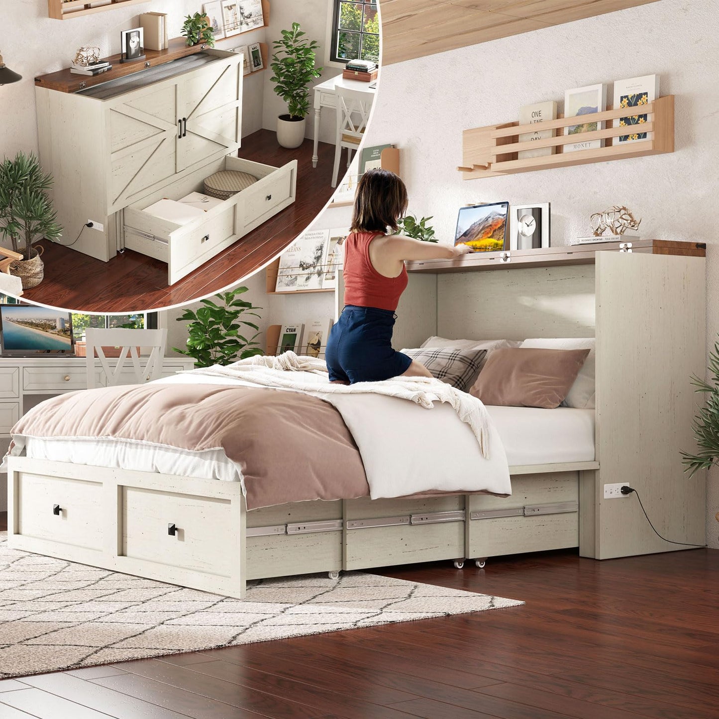 AMERLIFE Queen Murphy Bed with Storage & Charging Station, Farmhouse Murphy Cabinet with Foldable Panel, Noisy Free, for Guest Bedroom, Living Room, Office, Distressed White