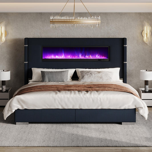 AMERLIFE Modern King Size Bed Frame with Fireplace, Wingback Platform Bed Frame with 60.4“ Extra Tall Headboard, Corduroy Upholstered Bed Frame Wooden Slats/No Box Spring Needed, Black