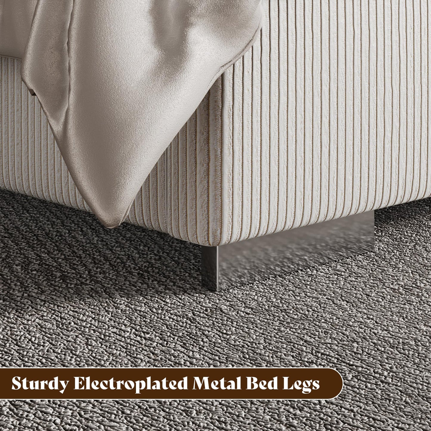 AMERLIFE Modern King Size Bed Frame with Fireplace, Wingback Platform Bed Frame with 60.4“ Extra Tall Headboard, Corduroy Upholstered Bed Frame Wooden Slats/No Box Spring Needed, Beige