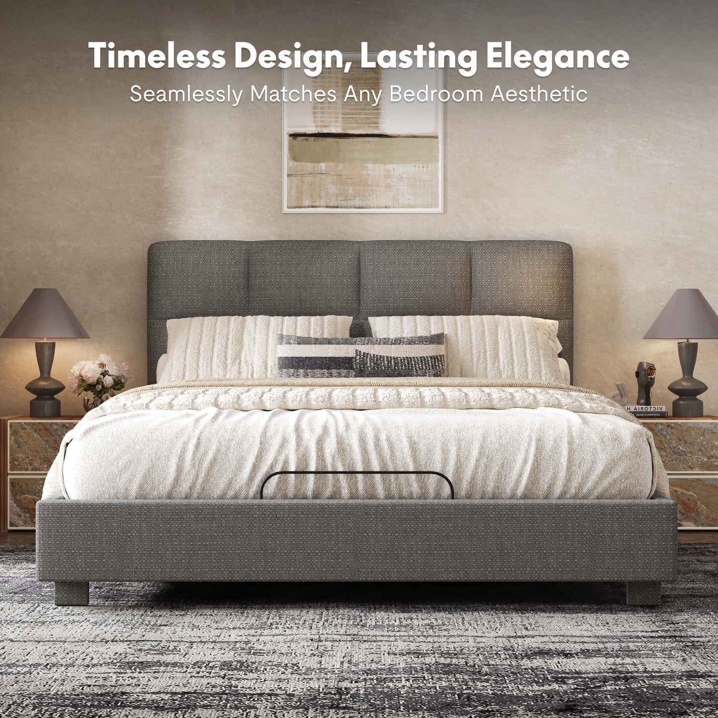 FLEXISPOT All-in-One Adjustable Bed Frame with Upholstered Square Tufted Headboard, Queen–Modern Minimalist Design–Synchronized Head&Foot Lift for Relaxation–5Y Motor&10Y Frame Warranty,Dark Grey