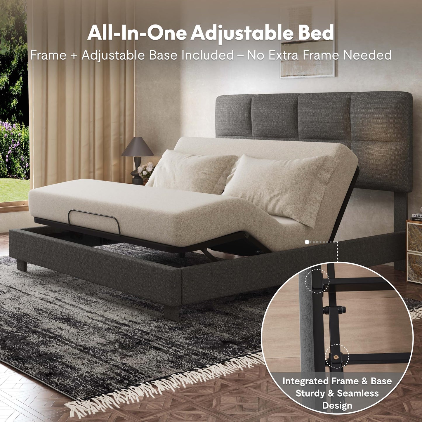 FLEXISPOT All-in-One Adjustable Bed Frame with Upholstered Square Tufted Headboard, Queen–Modern Minimalist Design–Synchronized Head&Foot Lift for Relaxation–5Y Motor&10Y Frame Warranty,Dark Grey