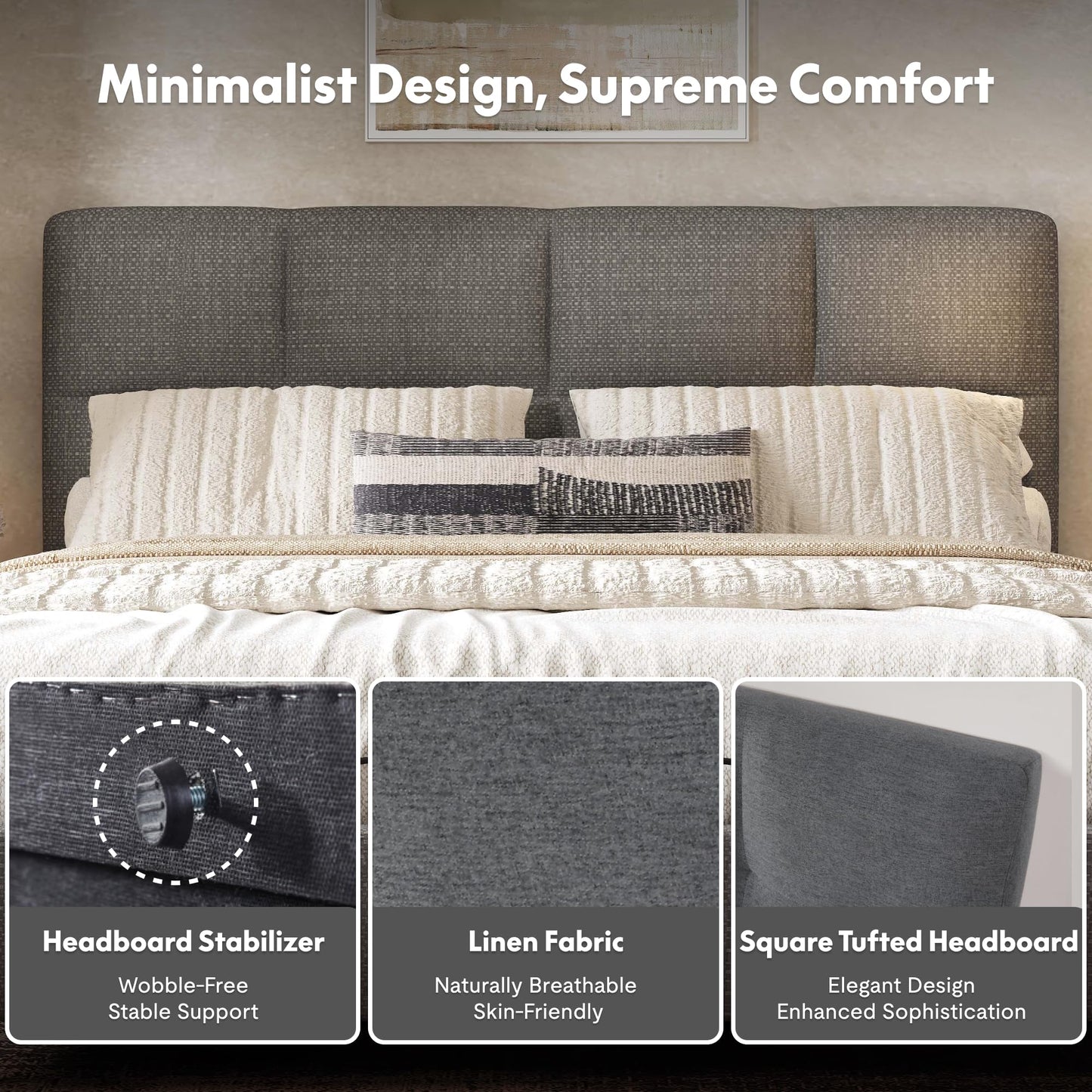 FLEXISPOT All-in-One Adjustable Bed Frame with Upholstered Square Tufted Headboard, Queen–Modern Minimalist Design–Synchronized Head&Foot Lift for Relaxation–5Y Motor&10Y Frame Warranty,Dark Grey